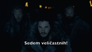 Jon Sneg, Pes, Thoros, Gendry, Tormund in Dondarrion v Igri prestolov.
